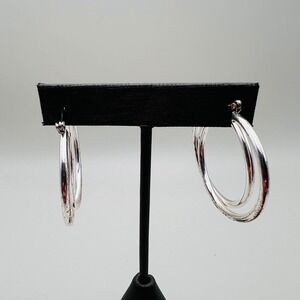 Silver Tone Double Hoop Earrings Twisted Layered Open Hoop Fashion Womens